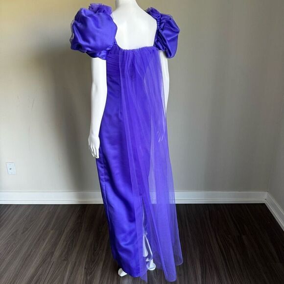 Vintage 90’s Satin Puff Sleeve Toile Purple Evening Gown With Back Slit - Picture 6 of 7